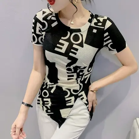 网纱t恤女设计感2023时尚圆领印花上衣收腰百搭不规则开衩小衫ins图片