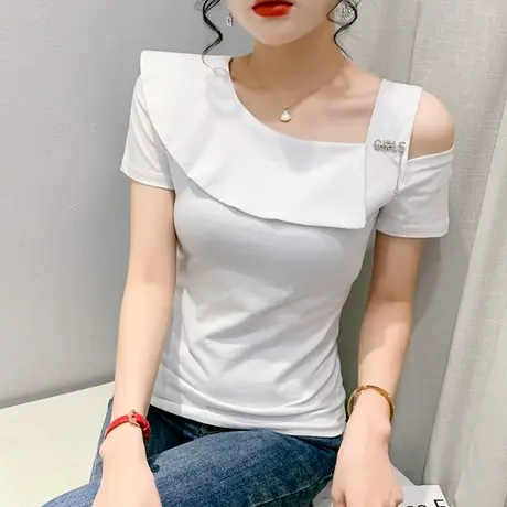 时尚荷叶边女装性感镂空露肩T恤短袖洋气网红上衣显瘦修身小衫夏图片