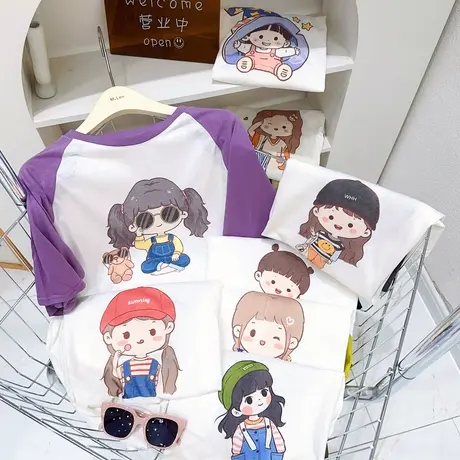 微胖显瘦穿搭~2023夏季韩代款俏皮可爱度假风撞色雪花棉T恤短袖女商品大图