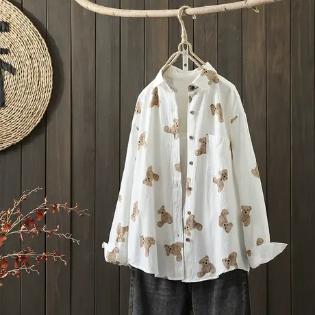 枫谜2021年秋装文艺简约印花卡通全长袖棉衬衫女休闲百搭衬衣上衣商品大图