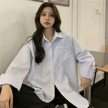 条纹衬衫女2022新款秋季复古港味设计感小众法式别致长袖方领上衣图片
