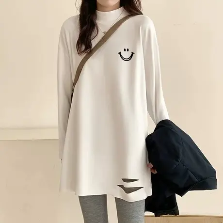 中长款加厚德绒半高领打底衫女2022秋冬新款中长款破洞上衣T恤潮图片