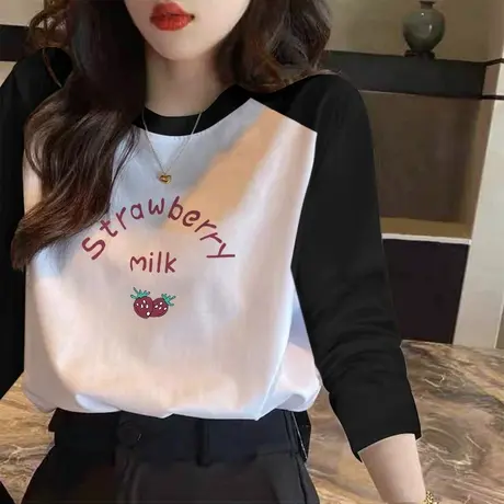 黑白色拼接插肩袖长袖T恤女2022年春秋款宽松内搭打底衫学生上衣商品大图