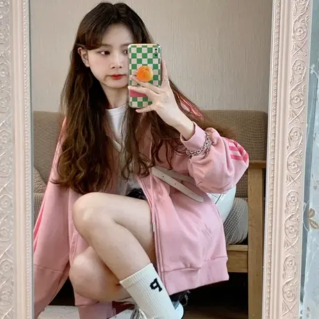 oversize卫衣女2023春秋季小个子宽松韩版慵懒风连帽薄款开衫外套图片