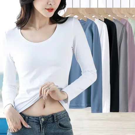 纯棉低圆领打底衫女长袖白色t恤修身内搭外穿净版基础款春秋上衣商品大图