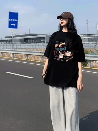 2023新款夏季美潮白色仿棉短袖t恤女oversize内搭设计感小众上衣图片