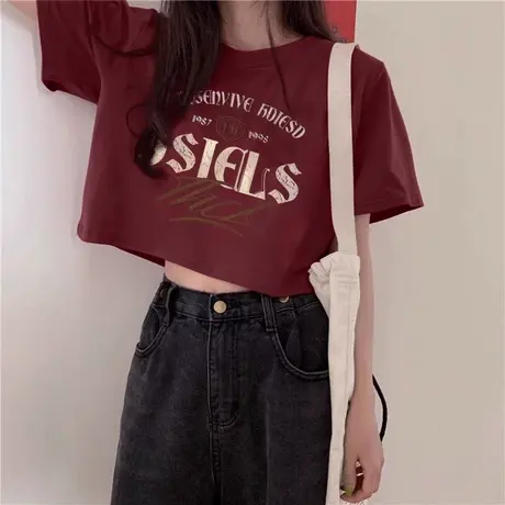 纯棉设计感辣妹短袖t恤女夏季新款修身港风chic正肩上衣短款纯欲商品大图