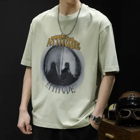 美式潮牌短袖t恤男士半袖大码夏季2023新款男款纯棉男装重磅体恤商品大图