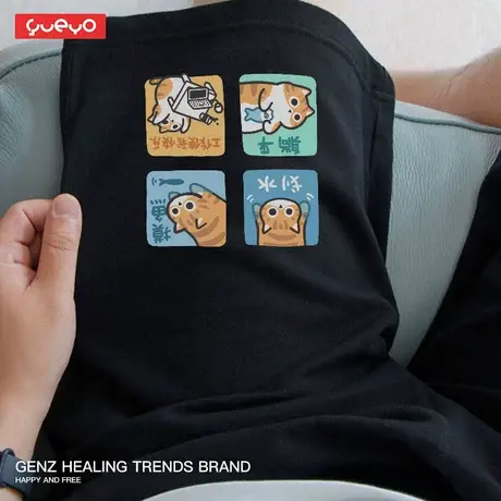 悦游 快乐三连 短裤划水摸鱼中裤男潮ins纯棉透气夏季宽松休闲裤商品大图