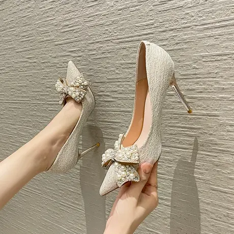 高跟鞋女细跟2023年新款秋季尖头蝴蝶结水钻宴会名媛性感细跟单鞋图片