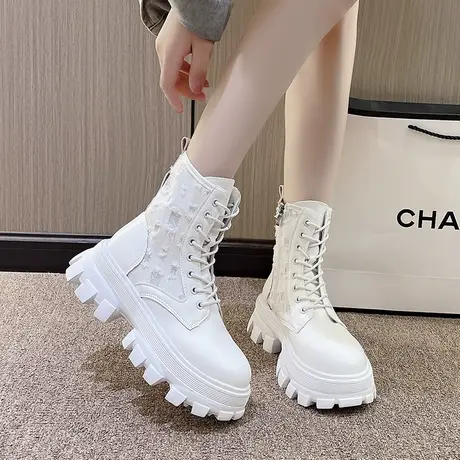 马丁靴女2023年秋季新款英伦厚底机车骑士短靴单靴白色时尚靴子女商品大图