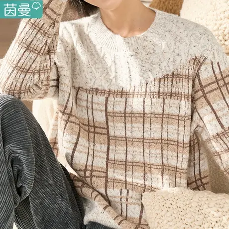 茵曼毛衣小众长袖上衣女装2023年新款秋冬复古格子针织衫慵懒风商品大图