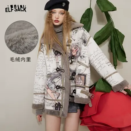 【插画师联名】妖精的口袋麂皮绒印花棉服女2022冬季新款短款棉衣图片