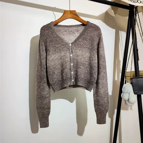薄款针织开衫女早秋新款韩系宽松v领显瘦渐变色毛衣短款上衣外穿商品大图