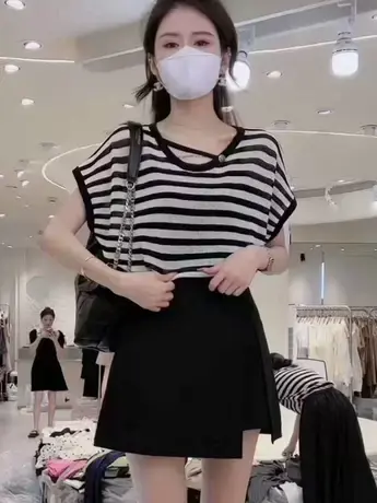 2023夏季新款小众拼色条纹系带短袖上衣女夏季新款显瘦气质t恤潮商品大图