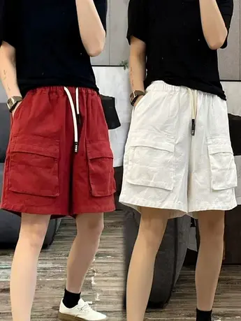 2023夏季新款纯色大口袋工装短裤女松紧腰宽松百搭休闲直筒休闲裤商品大图