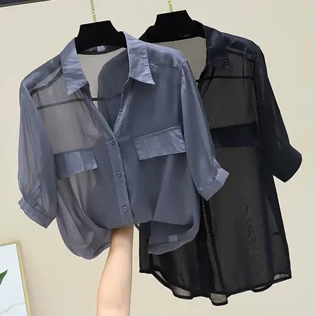 灰色衬衫女微透洋气性感打底衫小众设计感2023夏新款POLO领衬衣潮商品大图