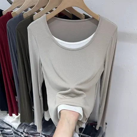 欧货假两件撞色拼接T恤修身长袖女2023年早秋新款上衣弹力百搭潮商品大图