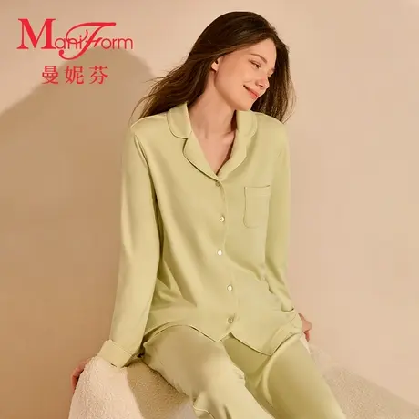 曼妮芬翻领睡衣长袖长裤套装女士空调房舒适家居服柔软合体起居服商品大图