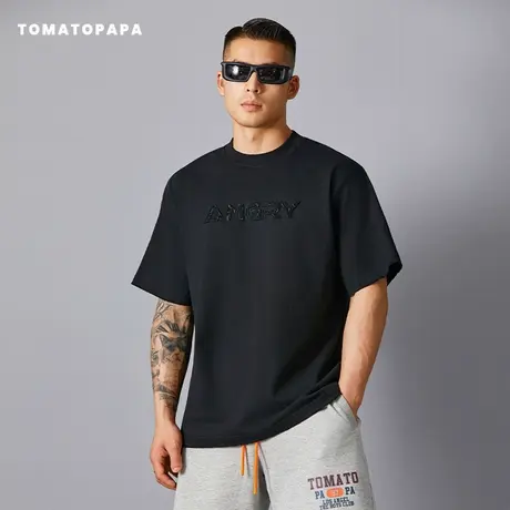 TOMATOPAPA夏季新款T恤男超重磅宽松落肩刺绣字母简约时尚吸汗t恤商品大图