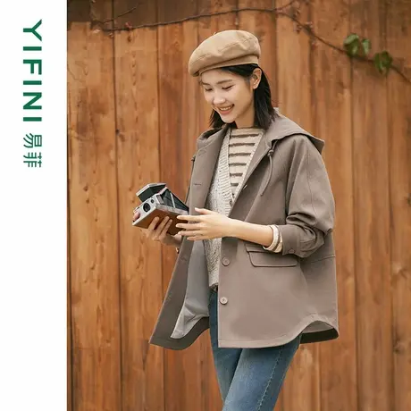[专柜同款]Yifini/易菲中空纱宽松连帽百搭外套时尚通勤休闲上衣图片