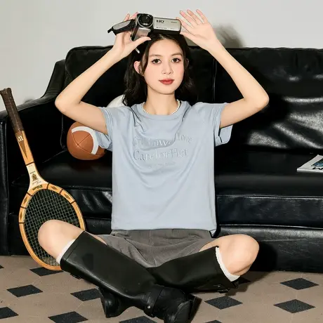 唐狮女短袖T恤夏季新款圆领简约文字女韩系别致绝美小上衣图片