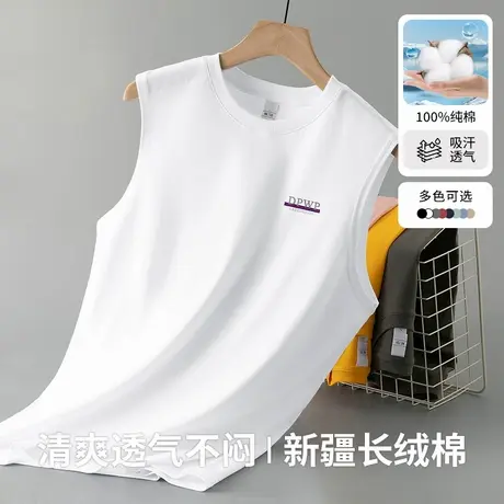 纯棉无袖t恤男士背心潮牌字母印花汗衫健身运动白色坎肩宽肩汗衫图片