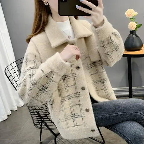 女士小香风短外套秋季2022年新款爆款水貂绒毛衣外套开衫春秋上衣图片