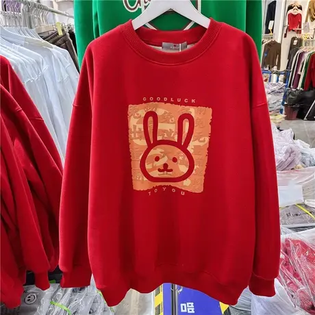 2022秋冬新款韩版宽松百搭红色兔子印花加绒加厚圆领套头长袖卫衣商品大图