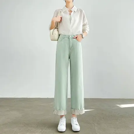 绿色九分阔腿牛仔裤女夏季新款高腰宽松显瘦小个子拼色卷边直筒裤图片