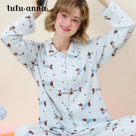 tutuanna秋季新款睡衣女 超柔面料腊肠狗满印格子前扣长袖家居服商品大图