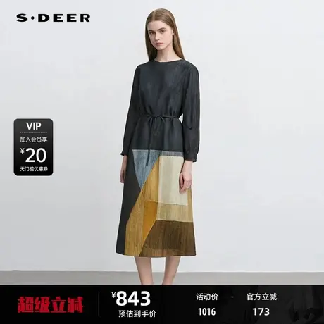 sdeer圣迪奥女装圆领收腰印花棉麻连衣裙S25181202图片
