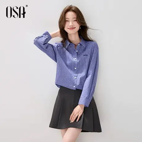 OSA欧莎复古MIU系蓝色格纹衬衫女秋季2025年新款休闲慵懒长袖衬衣商品大图