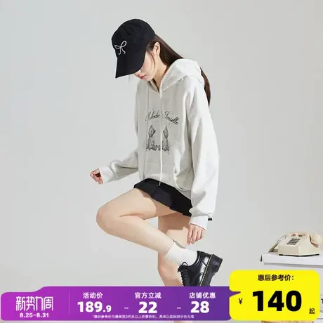 唐狮2024早秋新款连帽卫衣女针织小熊卡通烫钻落肩卫衣宽松百搭潮商品大图
