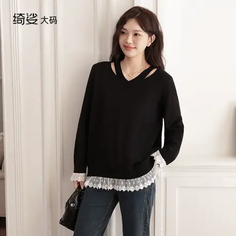 大码女装套头长袖上衣秋冬新款黑色蕾丝打底显瘦轩毛衣打底衫女图片