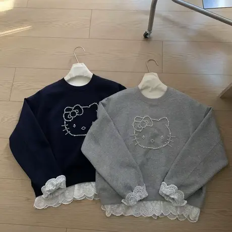 韩版卡通猫蕾丝花边假两件卫衣女2025年春秋薄款宽松百搭减龄上衣商品大图