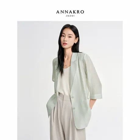 玖姿安娜蔻老钱风莱赛尔肌理感七分袖廓形无里西装女2026春季新款图片