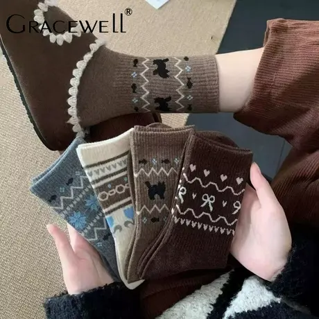 婷美袜子女民族风秋冬中长筒袜复古日系ins学生潮流显瘦百搭长袜图片