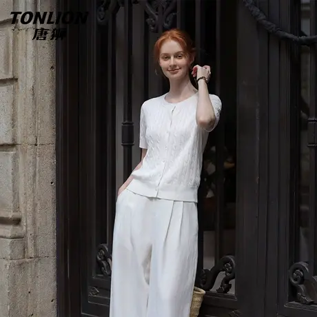 唐狮官方针织短袖t恤女2026新款春夏绞花设计半袖短款修身上衣VC图片