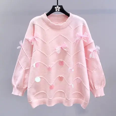 日系甜美亮片蝴蝶结毛衣女秋冬2023新款宽松设计感甜美针织衫上衣商品大图