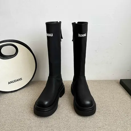 靴子女2023新款秋冬厚底小个子时装显瘦直筒骑士靴高跟洋气瘦瘦靴图片