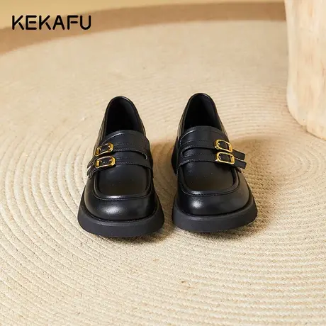 珂卡芙平底单鞋女2023年新款黑色小皮鞋一脚蹬圆头乐福鞋厚底鞋子商品大图