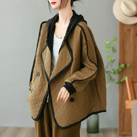 dza 复古中长款拼接连帽外套女士秋冬休闲宽松加厚保暖长袖上衣图片