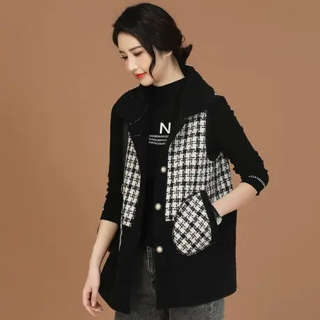 新品8.5折】气质中长款格子拼羊羔毛马甲女马夹外套坎肩图片