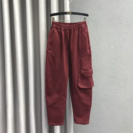 欧货个性口袋哈伦裤女2023秋冬新款酒红色时尚百搭加绒保暖萝卜裤商品大图