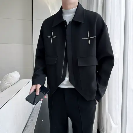 2023秋季新款韩版轻奢轻熟风小外套男士潮流百搭夹克上衣翻领外套图片