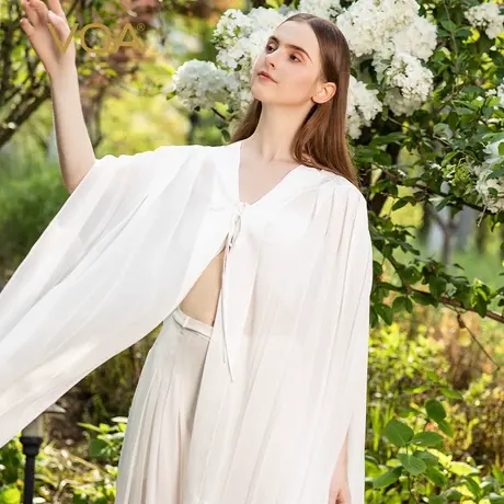 VOA乔其纱桑蚕丝茶白色无袖拼接提花系带育克褶气质减龄真丝外套商品大图