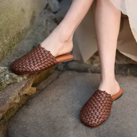 Artmu阿木原创复古真皮编织包头拖鞋女平底皮拖半拖鞋2023新款图片