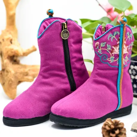 汉舞民族风女鞋短靴冬平底绣花鞋复古圆头保暖加绒布靴子天香商品大图
