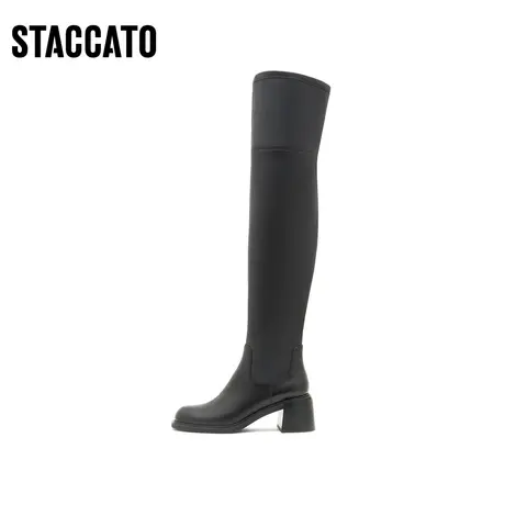 思加图冬季新款帅气简约过膝靴粗跟长靴超长靴女皮靴D5073DC1图片